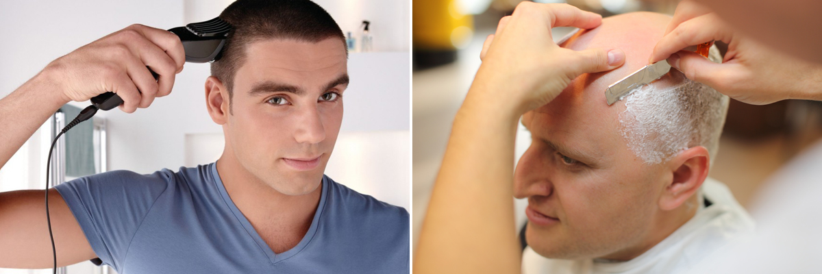 гоління голови за допомогою машинки для стрижки або небезпечної бритви